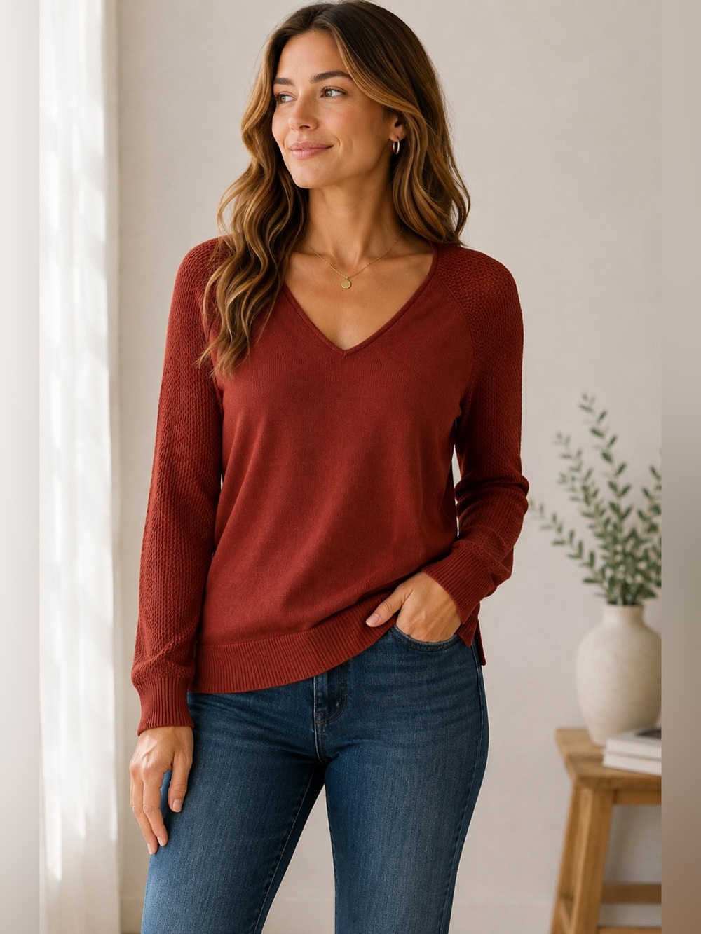 LOFT Rust Red V-Neck Mixed Knit Raglan Sweater Top XS